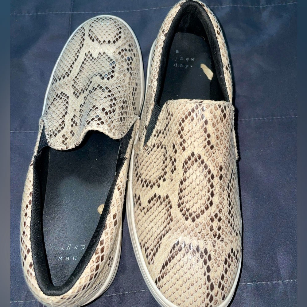 Faux snake skin slip on shoes